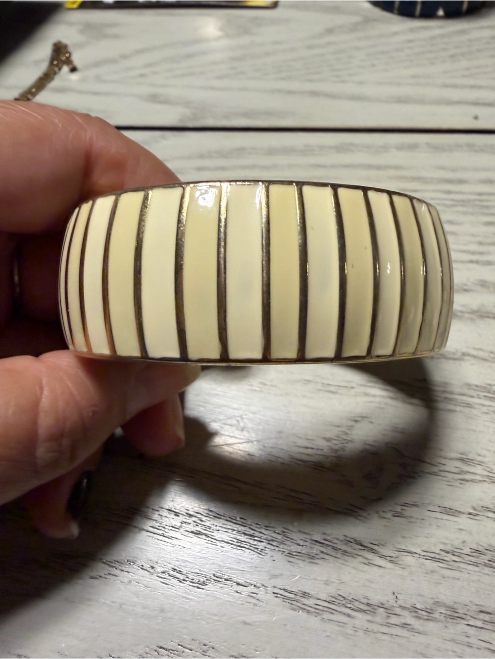 Banana Republic Cream Enamel Bangle Bracelet with Gold Stripe Detailing